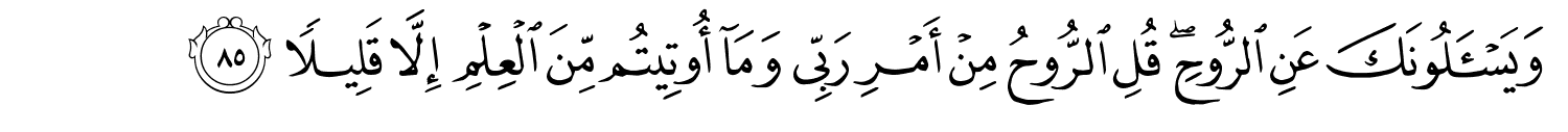 وَيَسْـَٔلُونَكَ عَنِ الرُّوحِ قُلِ الرُّوحُ مِنْ أَمْرِ رَبِّي وَمَآ أُوتِيتُم مِّن الْعِلْمِ إِلاَّ قَلِيلاً