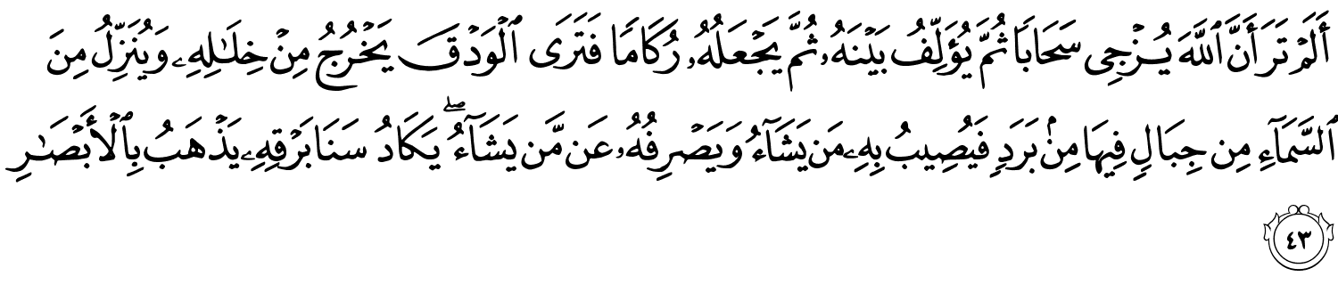 أَلَمْ تَرَ أَنَّ اللَّهَ يُزْجِي سَحَابًا ثُمَّ يُؤَلِّفُ بَيْنَهُ ثُمَّ يَجْعَلُهُ رُكَامًا فَتَرَى الْوَدْقَ يَخْرُجُ مِنْ خِلَـٰلِهِۦ وَيُنَزِّلُ مِنَ ٱلسَّمَآءِ مِن جِبَالٍۢ فِيهَا مِنۢ بَرَدٍۢ فَيُصِيبُ بِهِۦ مَن يَشَآءُ وَيَصْرِفُهُۥ عَن مَّن يَشَآءُ ۖ يَكَادُ سَنَا بَرْقِهِۦ يَذْهَبُ بِٱلْأَبْصَـٰرِ