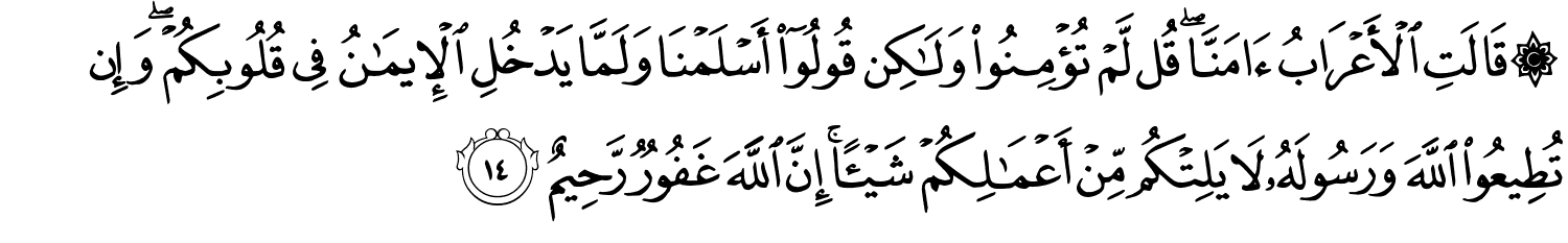 قَالَتِ الأَعْرَابُ ءَامَنَّا ۖ قُل لَّمْ تُؤْمِنُوا۟ وَلَـٰكِن قُولُوٓا۟ أَسْلَمْنَا وَلَمَّا يَدْخُلِ ٱلْإِيمَـٰنُ فِى قُلُوبِكُمْ ۖ وَإِن تُطِيعُوا۟ ٱللَّهَ وَرَسُولَهُۥ لَا يَلِتْكُم مِّنْ أَعْمَـٰلِكُمْ شَيْـًٔا ۚ إِنَّ اللَّهَ غَفُورٌ رَّحِيمٌ