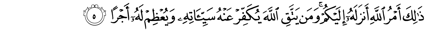 ذَٰلِكَ أَمْرُ ٱللَّهِ أَنزَلَهُۥٓ إِلَيْكُمْ ۚ وَمَن يَتَّقِ ٱللَّهَ يُكَفِّرْ عَنْهُ سَيِّـَٔاتِهِۦ وَيُعْظِمْ لَهُۥٓ أَجْرًا
