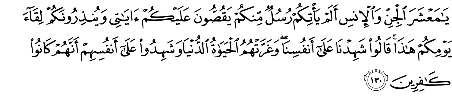 يَـٰمَعْشَرَ الْجِنِّ وَالإِنسِ أَلَمْ يَأْتِكُمْ رُسُلٌ مِّنكُمْ يَقُصُّونَ عَلَيْكُمْ ءَايَـٰتِى وَيُنذِرُونَكُمْ لِقَآءَ يَوْمِكُمْ هَـٰذَا قَالُواْ شَهِدْنَا عَلَىٰٓ أَنفُسِنَا وَغَرَّتْهُمُ ٱلْحَيَوٰةُ الدُّنْيَا وَشَهِدُواْ عَلَىٰٓ أَنفُسِهِمْ أَنَّهُمْ كَانُواْ كَـٰفِرِينَ