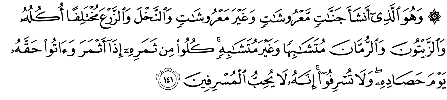 وَهُوَ ٱلَّذِىٓ أَنشَأَ جَنَّـٰتٍۢ مَّعْرُوشَـٰتٍۢ وَغَيْرَ مَعْرُوشَـٰتٍۢ وَالنَّخْلَ وَالزَّرْعَ مُخْتَلِفًا أُكُلُهُ وَالزَّيْتُونَ وَالرُّمَّانَ مُتَشَـٰبِهًۭا وَغَيْرَ مُتَشَـٰبِهٍۢ ۚ كُلُواْ مِن ثَمَرِهِۦٓ إِذَآ أَثْمَرَ وَءَاتُوا۟ حَقَّهُ يَوْمَ حَصَادِهِ وَلاَ تُسْرِفُوٓا۟ ۚ إِنَّهُ لاَ يُحِبُّ الْمُسْرِفِينَ