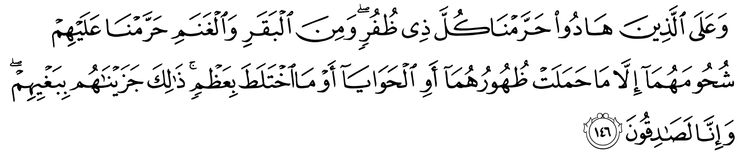 وَعَلَى الَّذِينَ هَادُواْ حَرَّمْنَا كُلَّ ذِي ظُفُرٍ وَمِنَ الْبَقَرِ وَالْغَنَمِ حَرَّمْنَا عَلَيْهِمْ شُحُومَهُمَآ إِلَّا مَا حَمَلَتْ ظُهُورُهُمَآ أَوِ ٱلْحَوَايَآ أَوْ مَا اخْتَلَطَ بِعَظْمٍ ذَٰلِكَ جَزَيْنَـٰهُم بِبَغْيِهِمْ ۖ وَإِنَّا لَصَـٰدِقُونَ