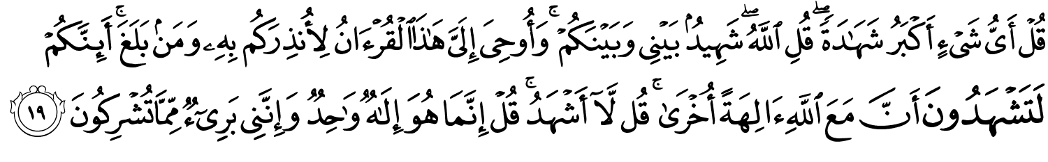قُلْ أَىُّ شَىْءٍ أَكْبَرُ شَهَـٰدَةًۭ ۖ قُلِ ٱللَّهُ ۖ شَهِيدٌۢ بَيْنِى وَبَيْنَكُمْ وَأُوحِىَ إِلَىَّ هَـٰذَا ٱلْقُرْءَانُ لأُنذِرَكُم بِهِ وَمَنۢ بَلَغَ أَئِنَّكُمْ لَتَشْهَدُونَ أَنَّ مَعَ اللَّهِ ءَالِهَةً أُخْرَى قُل لَّآ أَشْهَدُ قُلْ إِنَّمَا هُوَ إِلَـٰهٌۭ وَٰحِدٌۭ وَإِنَّنِى بَرِىٓءٌۭ مِّمَّا تُشْرِكُونَ