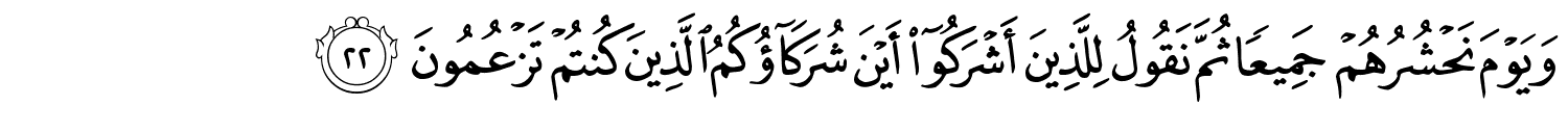 وَيَوْمَ نَحْشُرُهُمْ جَمِيعًا ثُمَّ نَقُولُ لِلَّذِينَ أَشْرَكُوٓا۟ أَيْنَ شُرَكَآؤُكُمُ الَّذِينَ كُنتُمْ تَزْعُمُونَ