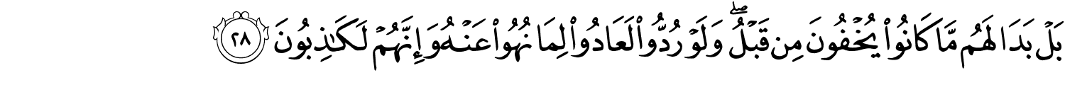 بَلْ بَدَا لَهُم مَّا كَانُواْ يُخْفُونَ مِن قَبْلُ وَلَوْ رُدُّواْ لَعَادُواْ لِمَا نُهُواْ عَنْهُ وَإِنَّهُمْ لَكَـٰذِبُونَ