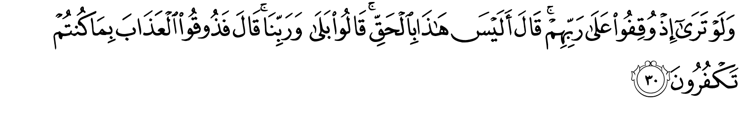 وَلَوْ تَرَىٰٓ إِذْ وُقِفُواْ عَلَى رَبِّهِمْ قَالَ أَلَيْسَ هَـٰذَا بِالْحَقِّ قَالُواْ بَلَى وَرَبِّنَا قَالَ فَذُوقُواْ الْعَذَابَ بِمَا كُنتُمْ تَكْفُرُونَ