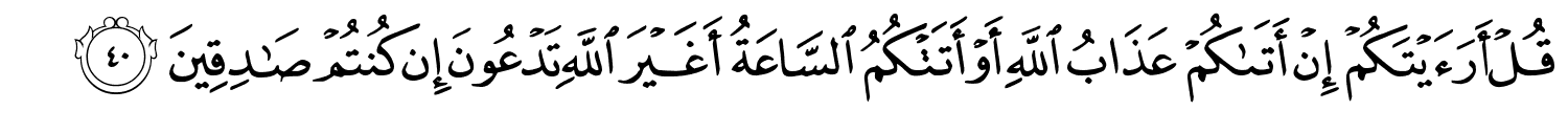 قُلْ أَرَءَيْتَكُمْ إِنْ أَتَىٰكُمْ عَذَابُ اللَّهِ أَوْ أَتَتْكُمُ السَّاعَةُ أَغَيْرَ اللَّهِ تَدْعُونَ إِن كُنتُمْ صَـٰدِقِينَ