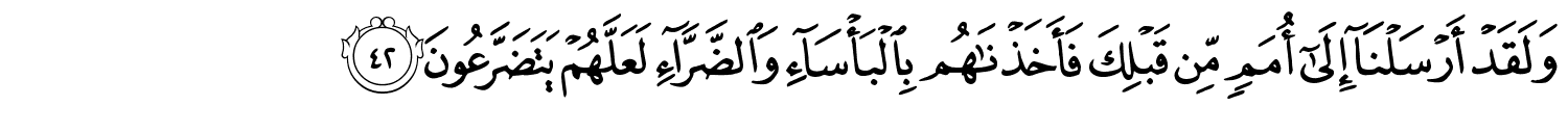 وَلَقَدْ أَرْسَلْنَآ إِلَىٰٓ أُمَمٍۢ مِّن قَبْلِكَ فَأَخَذْنَـٰهُم بِٱلْبَأْسَآءِ وَٱلضَّرَّآءِ لَعَلَّهُمْ يَتَضَرَّعُونَ