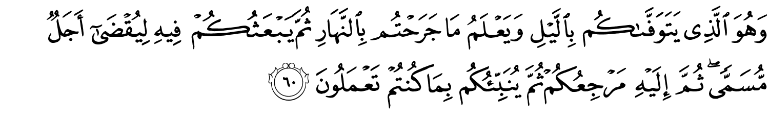 وَهُوَ الَّذِي يَتَوَفَّىٰكُم بِاللَّيْلِ وَيَعْلَمُ مَا جَرَحْتُم بِالنَّهَارِ ثُمَّ يَبْعَثُكُمْ فِيهِ لِيُقْضَىٰٓ أَجَلٌ مُّسَمًّى ثُمَّ إِلَيْهِ مَرْجِعُكُمْ ثُمَّ يُنَبِّئُكُم بِمَا كُنتُمْ تَعْمَلُونَ