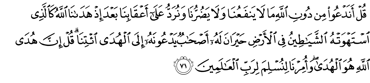 قُلْ أَنَدْعُوا۟ مِن دُونِ اللَّهِ مَا لاَ يَنفَعُنَا وَلاَ يَضُرُّنَا وَنُرَدُّ عَلَىٰٓ أَعْقَابِنَا بَعْدَ إِذْ هَدَىٰنَا اللَّهُ كَالَّذِي اسْتَهْوَتْهُ ٱلشَّيَـٰطِينُ فِي الأَرْضِ حَيْرَانَ لَهُۥٓ أَصْحَـٰبٌۭ يَدْعُونَهُۥٓ إِلَى الْهُدَى ٱئْتِنَا ۗ قُلْ إِنَّ هُدَى اللَّهِ هُوَ الْهُدَىَ وَأُمِرْنَا لِنُسْلِمَ لِرَبِّ ٱلْعَـٰلَمِينَ