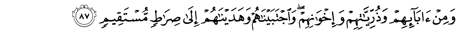وَمِنْ ءَابَآئِهِمْ وَذُرِّيَّاتِهِمْ وَإِخْوَٰنِهِمْ ۖ وَٱجْتَبَيْنَـٰهُمْ وَهَدَيْنَـٰهُمْ إِلَىٰ صِرَٰطٍۢ مُّسْتَقِيمٍ